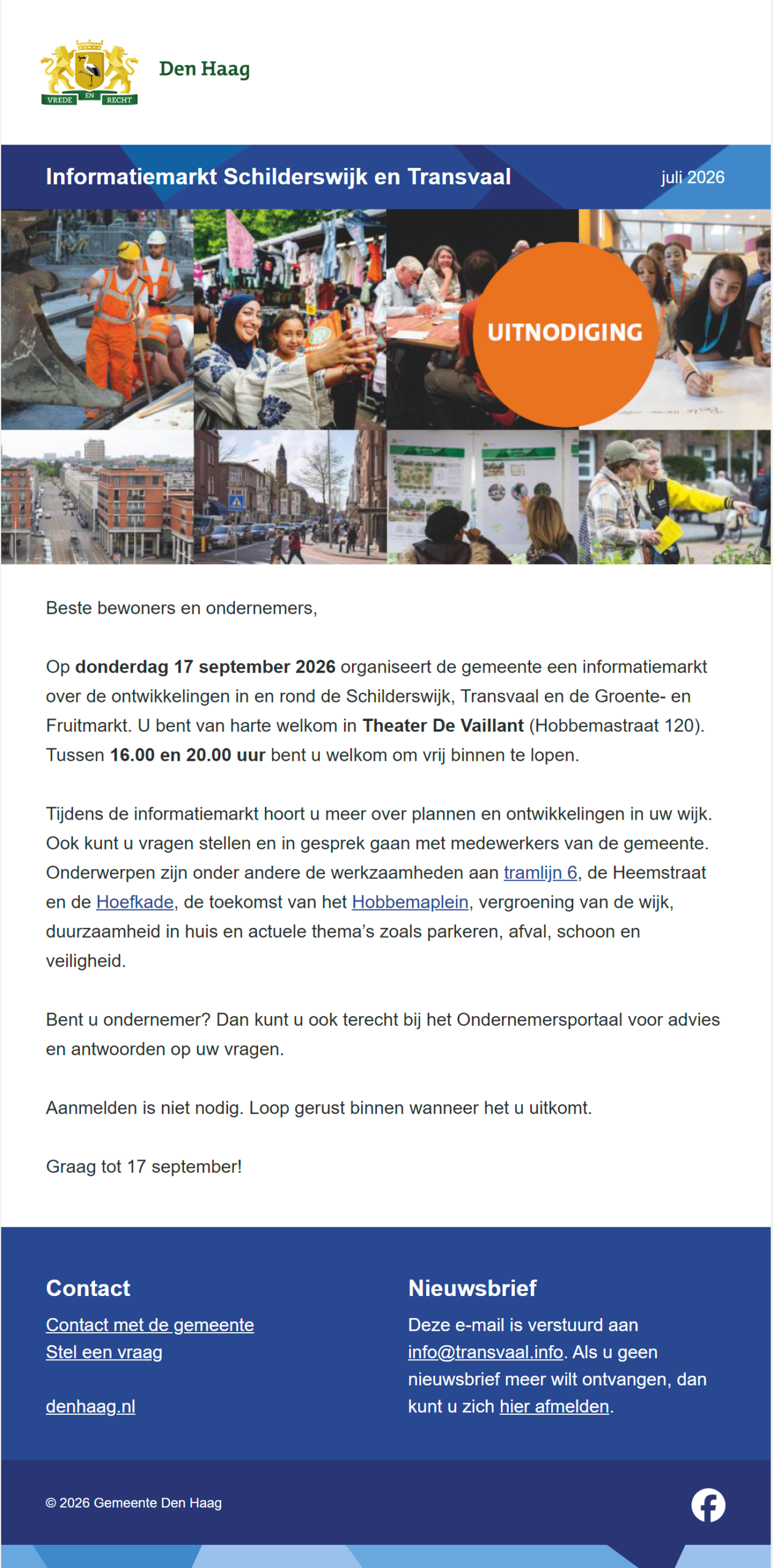 Poster van de gemeente over de informatiemarkt Schilderswijk en Transvaal